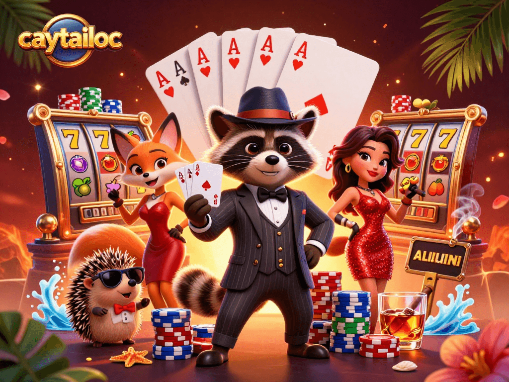 Experience the excitement of caytailoc as the suave raccoon achieves a royal flush amid vibrant slots and glamour.