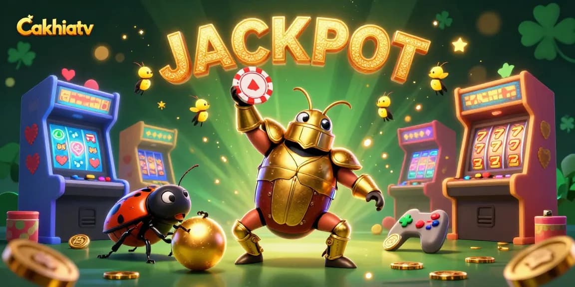 Cakhiatv showcases a victorious beetle lifting a poker chip amidst glittering casino symbols, celebrating gaming wins.