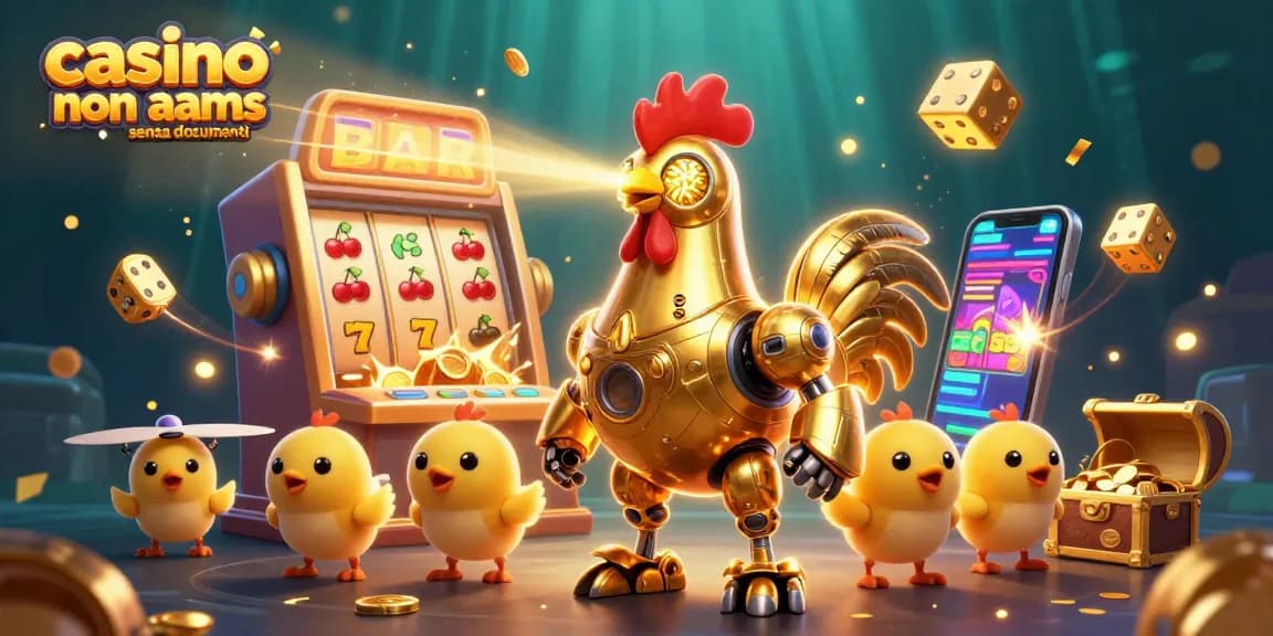 Gioca in un casino non aams senza documenti, esplora l'illustrazione 3D di un robot gallo dorato con droni, slot machine e monete d'oro.