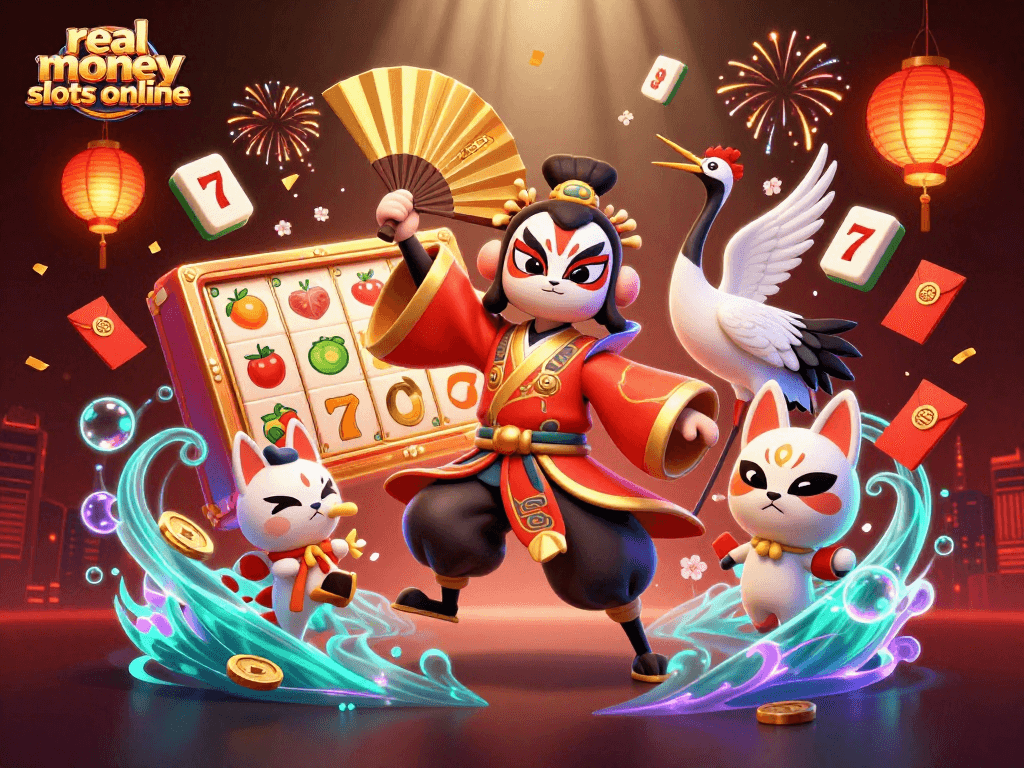 Experience thrilling real money slots online with our vibrant and dynamic casino illustration.
