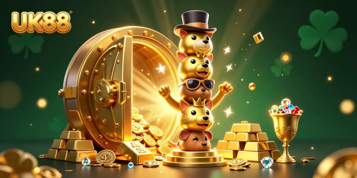 Engage in the vibrant world of UK88 with a dynamic casino-themed illustration featuring gold treasures and a playful totem pole.