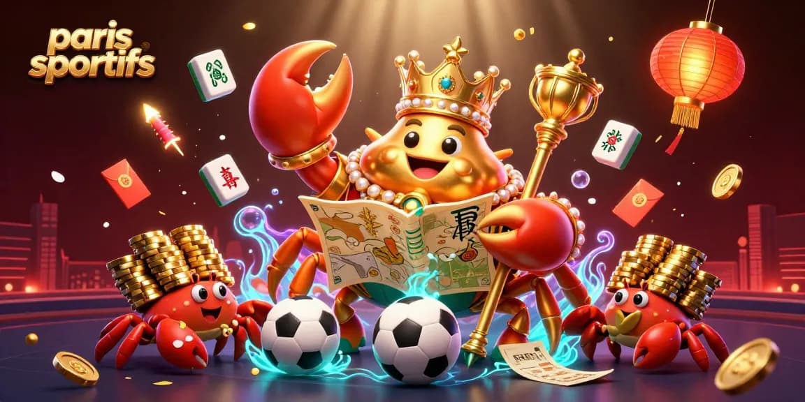 Pariez avec les paris sportifs dans une illustration dynamique de casino 3D, avec un empereur crabe et des éléments de jeu.