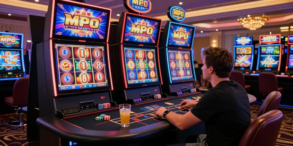 Exciting moment at a stylish online casino playing slot mpo, vibrant atmosphere with colorful slot machines.