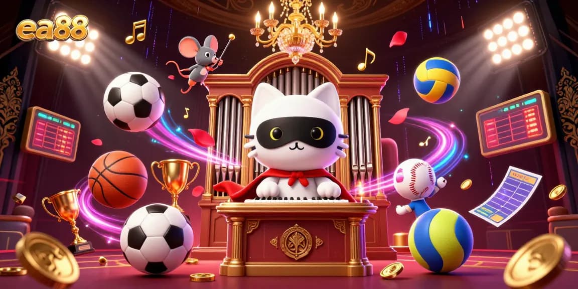 Win exciting games at ea88 with a captivating 3D illustration showcasing vibrant casino elements.