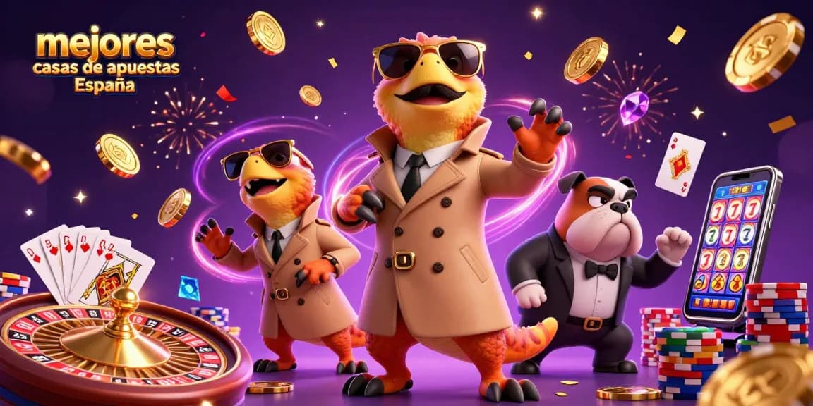 Mejores casas de apuestas España: raptors cómicos en un casino interactuando con un portero.
