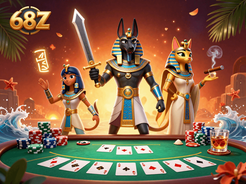 Ilustração detalhada da cena de jogo do cassino 68Z com guerreiros egípcios e elementos de poker.