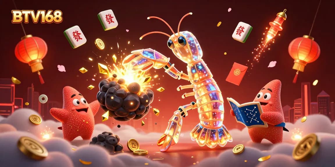 BTV168 galactic samurai mantis shrimp fights an asteroid, unleashing golden gems and coins in a vibrant casino scene.