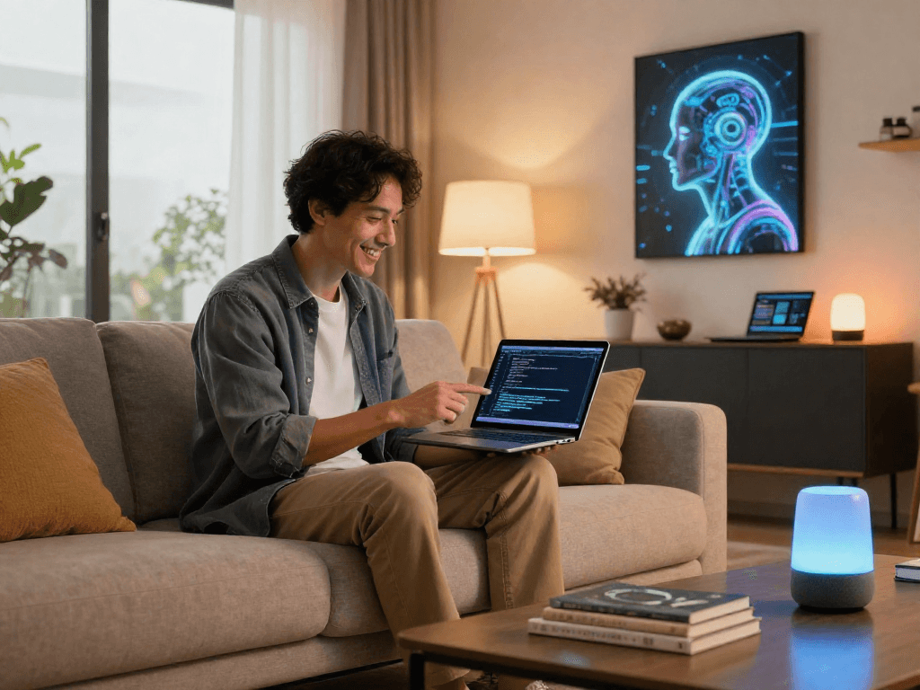 Engaging with AI 18+ technologies in a stylish living room setting, showcasing integration of modern tech.