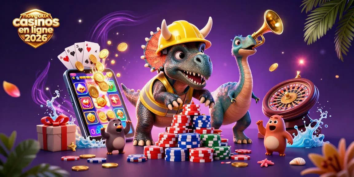 Découvrez les nouveaux casinos en ligne 2026 avec des personnages de dinosaures créant une ambiance festive.