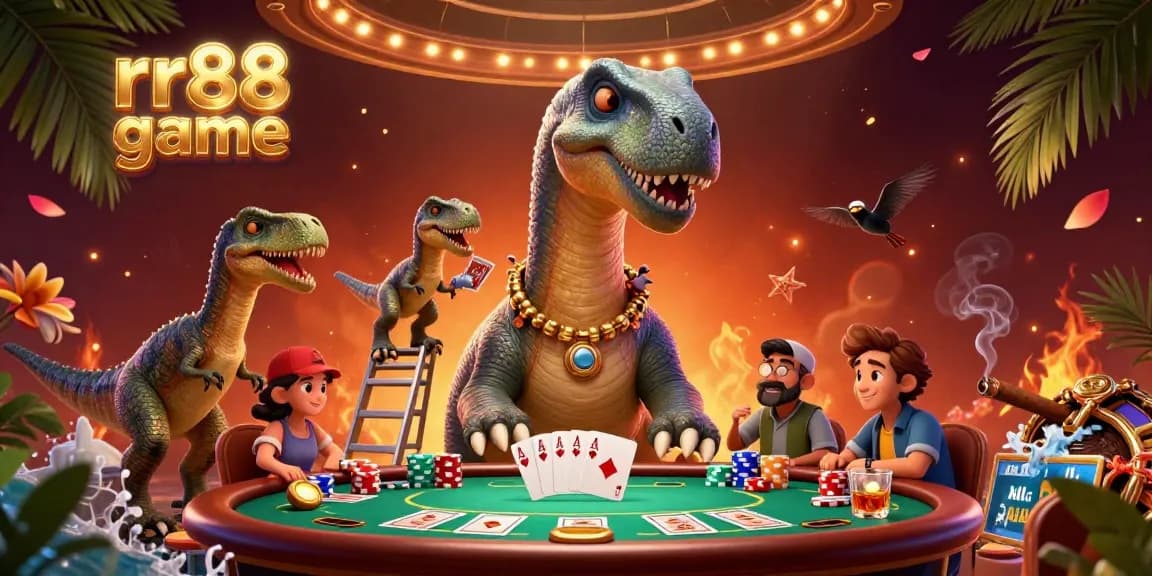 Engage with rr88 game at a vibrant 3D illustration featuring a colossal brontosaurus overlooking a thrilling poker table.