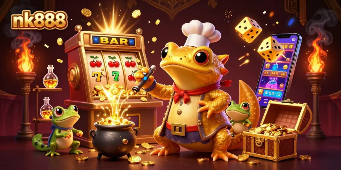 Win big with nk888 in a vibrant 3D scene showcasing a golden alchemist and entertaining game elements.
