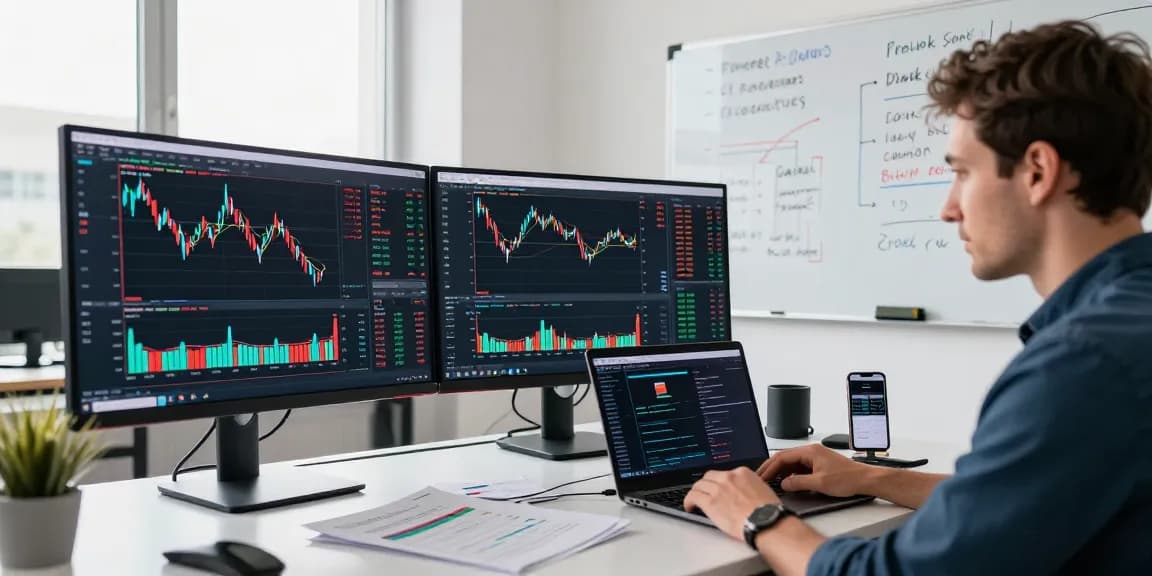 Dynamic trading environment featuring mt5 market analysis, automated trading tools, and dual monitors in a modern office.