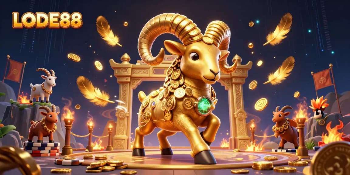 Experience LODE88 with a dynamic 3D illustration featuring a golden ram and casino elements.