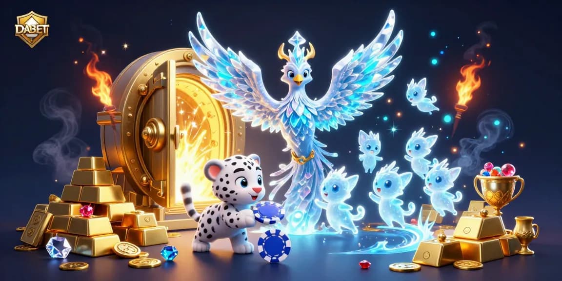 DABET captures the thrill of casino gaming with an ice phoenix, snow leopard cub, and glowing sprites amidst gold treasures.