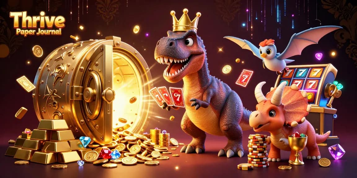 Engage with the Thrive Paper Journal in a bustling casino, where a T-Rex shuffles cards amidst a wealth of treasures.