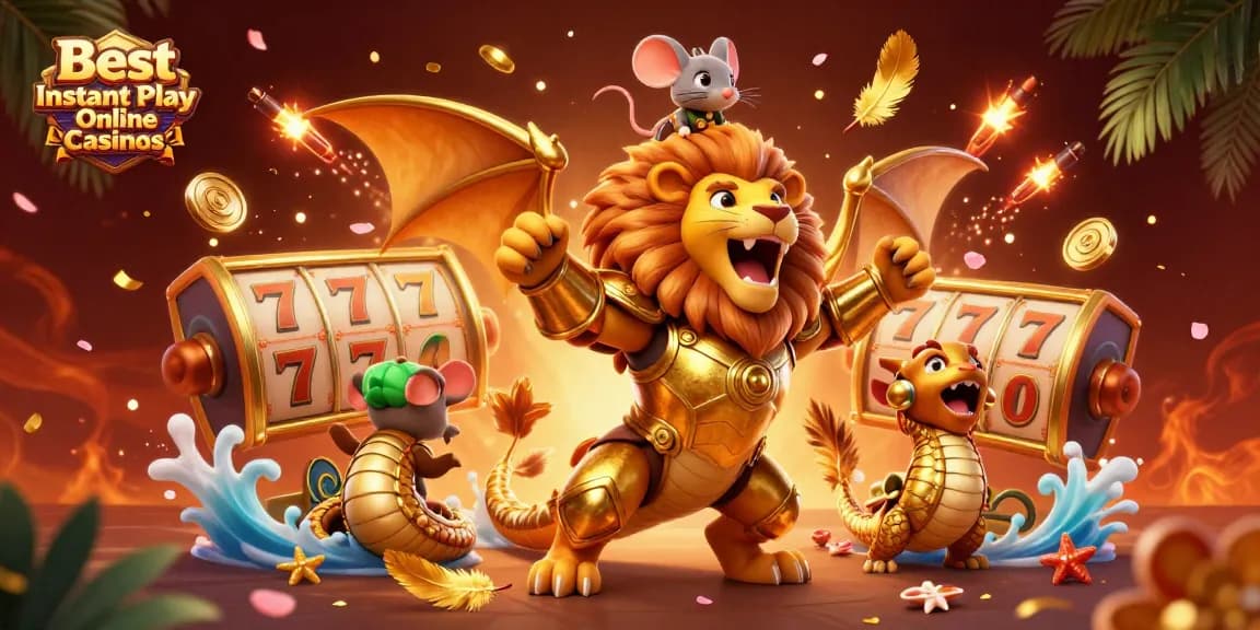 Engage with the Best Instant Play Online Casinos through a dynamic 3D gambling illustration featuring a chimera and gaming elements.