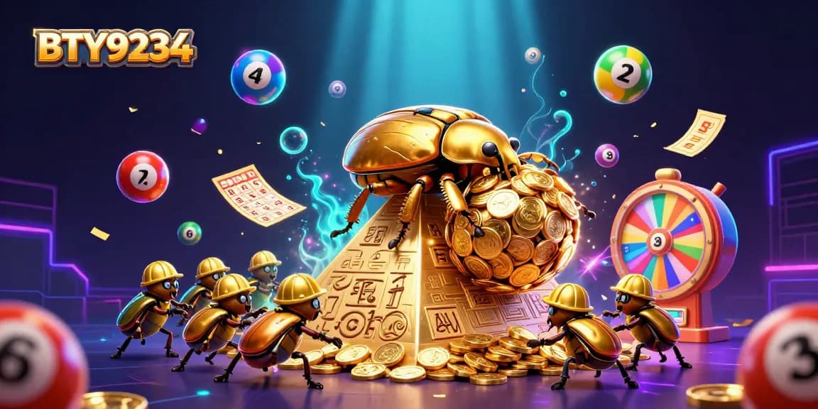 Engage with BTY9234 as golden beetles roll jackpot coins amidst dynamic lottery and casino elements.