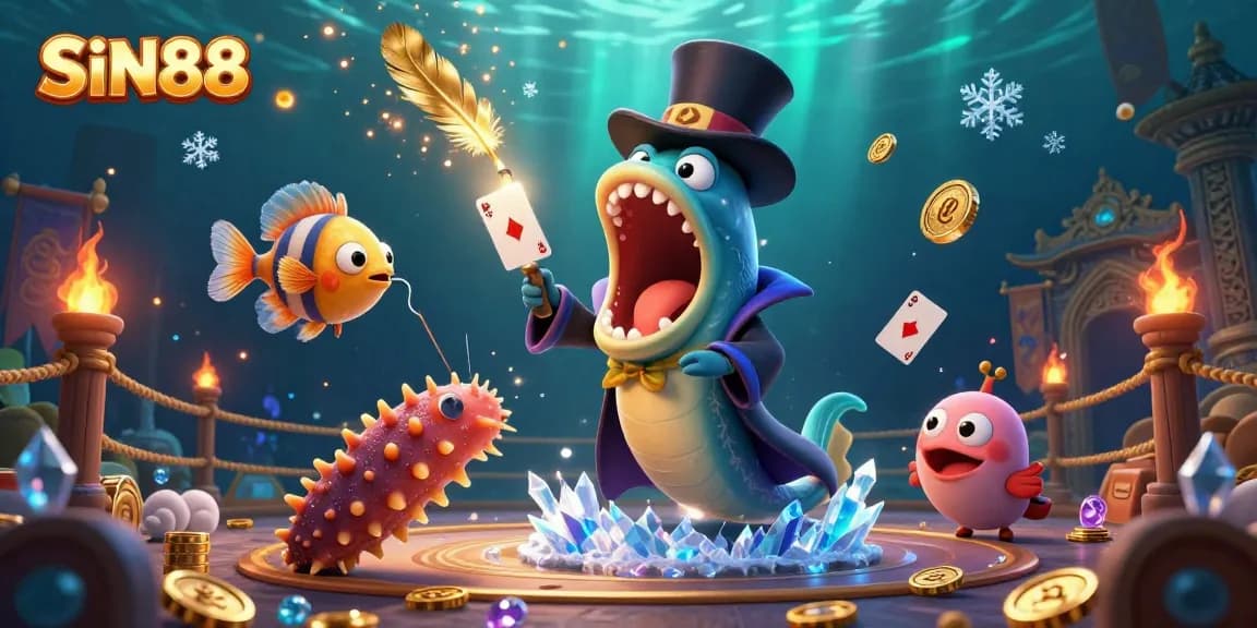 SIN88's magical underwater casino scene with vibrant characters performing thrilling card tricks.