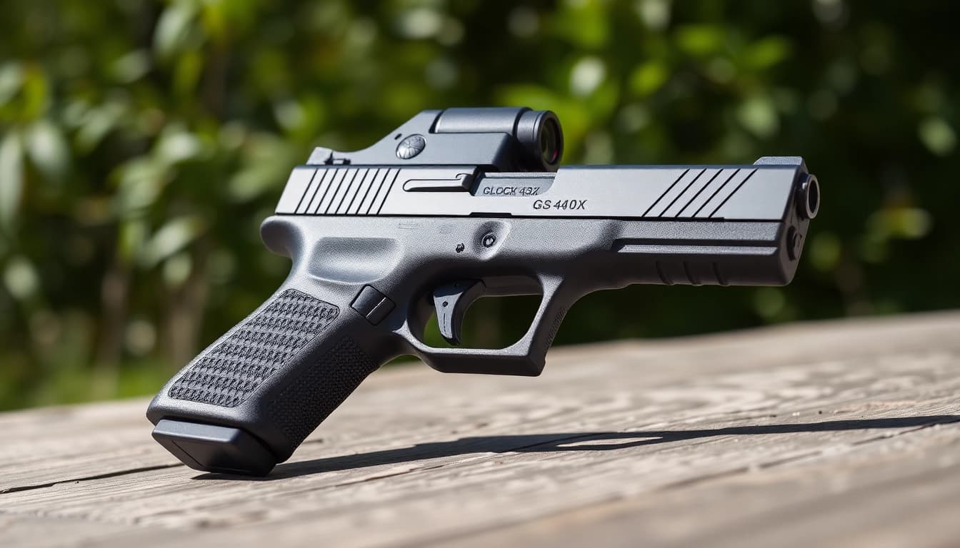 Showcase of Glock 43X MOS pistol demonstrating its features and accessories in an outdoor setting.