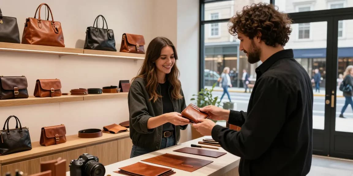 Customer exploring stylish leather wallet options in a retail store showcasing quality leather products.