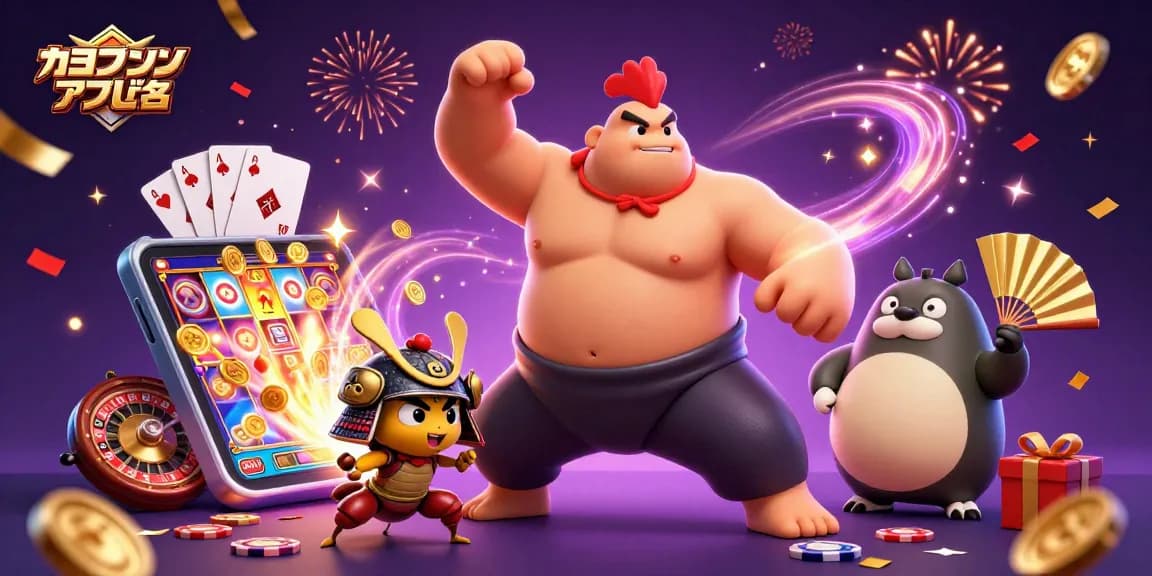 オンラインカジノ アプリ名でスロットゲームをプレイする虎のような力強い相撲レスラーのイラスト