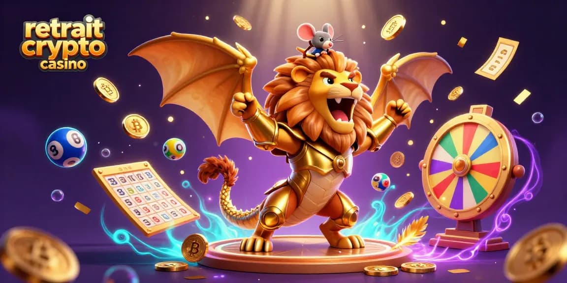 Retraits rapides dans le casino crypto avec des pièces de Bitcoin et une chimère triomphante.