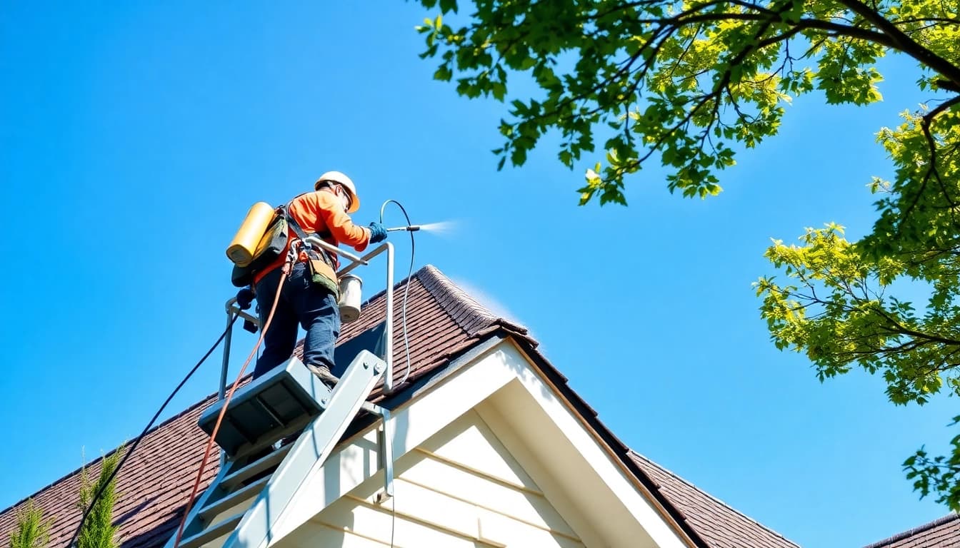 Roof Cleaning service showcasing professionals cleaning a residential roof with eco-friendly products.