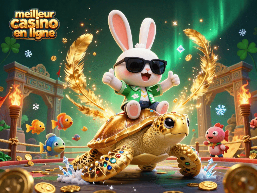 Meilleur casino en ligne : chanceux lapin 3D célébrant sur une tortue dorée dans un décor vibrant.