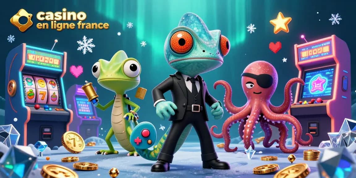 Le caméléon agent secret, le gecko Q et une pieuvre mystérieuse au casino en ligne France, entourés d'éléments de jeux colorés.