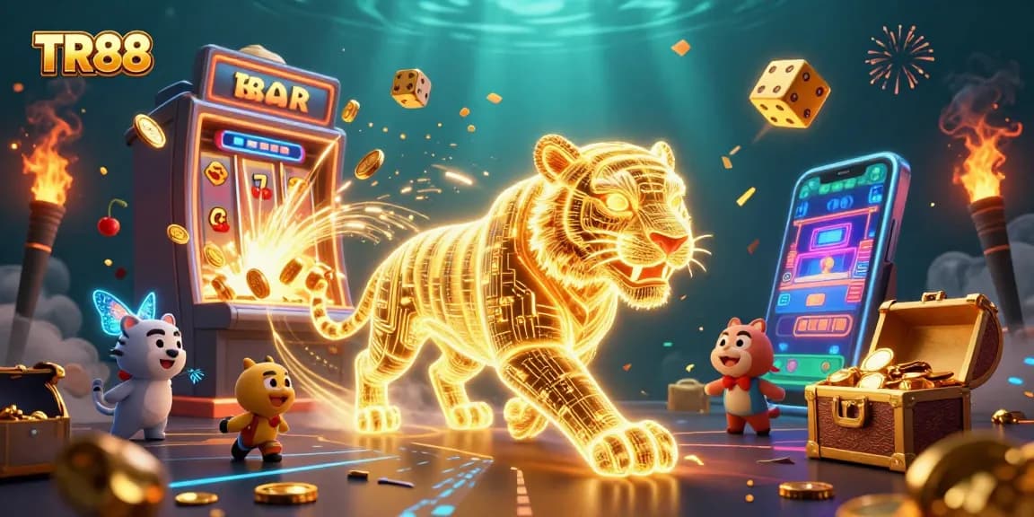 TR88 players engaging in vibrant digital casino excitement, witnessing a jackpot explosion with stunning visuals.