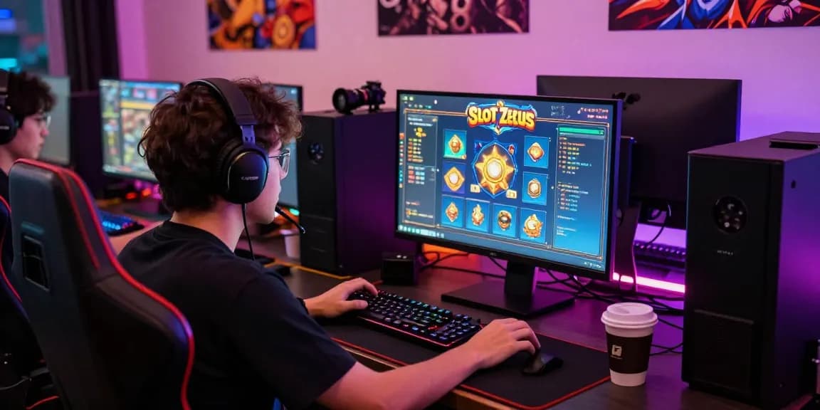 Online gaming atmosphere with Slot Zeus experience on situs raja, vibrant gaming setup and player excitement.