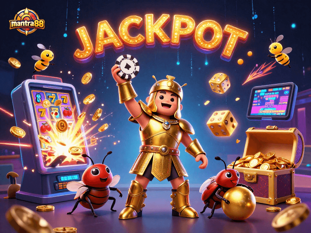mantra88 conquers the casino world with a heroic beetle and jackpot celebration in vibrant 3D.