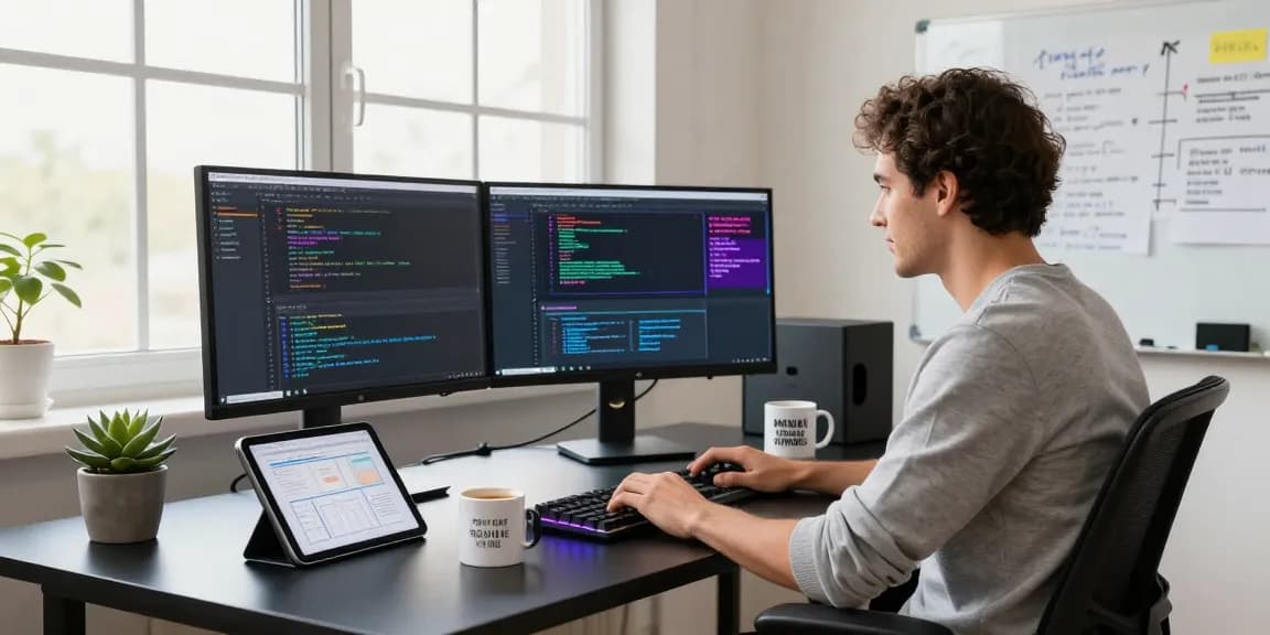 Innovative tech workspace showcasing https://www.bdtjl.app/ software development with vibrant coding on multiple monitors.