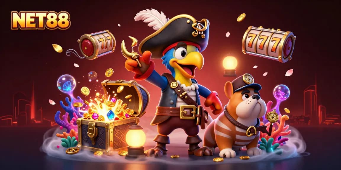 Experience NET88 with an engaging underwater treasure scene featuring pirate-themed characters and dynamic slots elements.