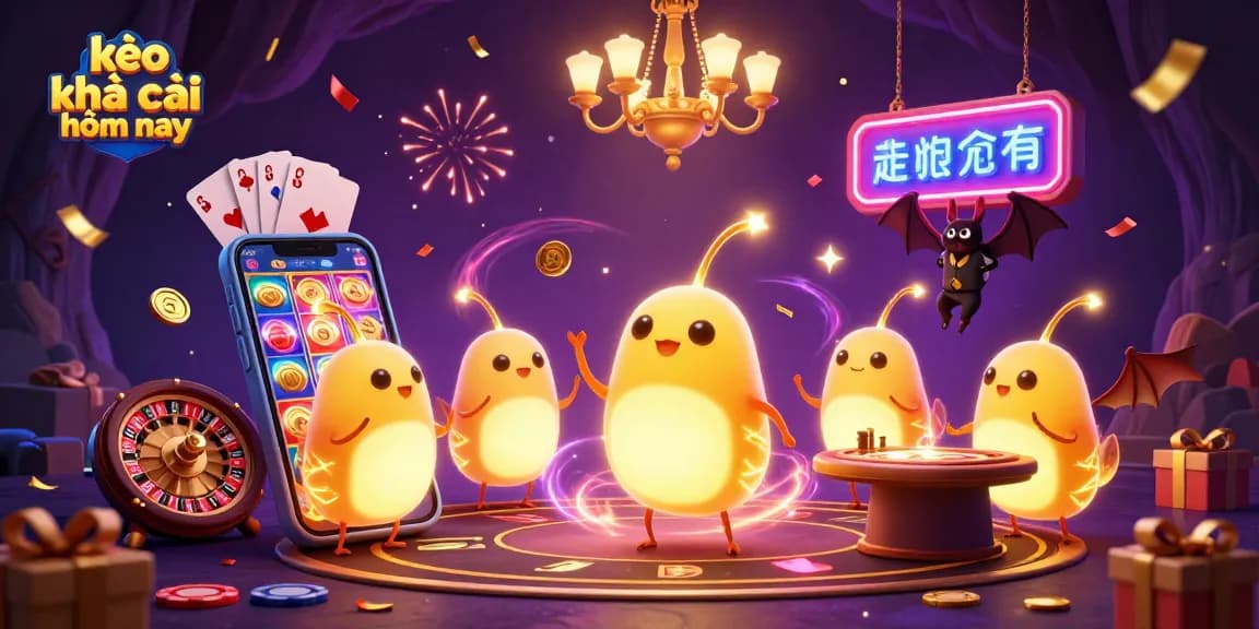 Engaging kèo nhà cái hôm nay illustration showing glowworms and a bat dealer in a lively casino scene.