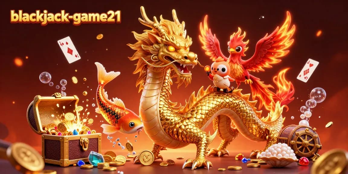 Experience the excitement of blackjack-game21 with a dynamic scene showcasing a golden dragon, phoenix, and koi fish amidst casino treasures.