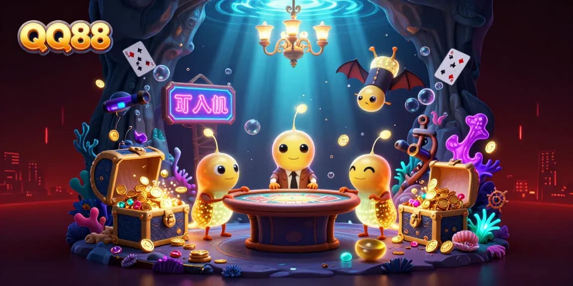 Experience thrilling gaming action at QQ88 with a captivating 3D illustration of glowing creatures in an enchanting casino setting.