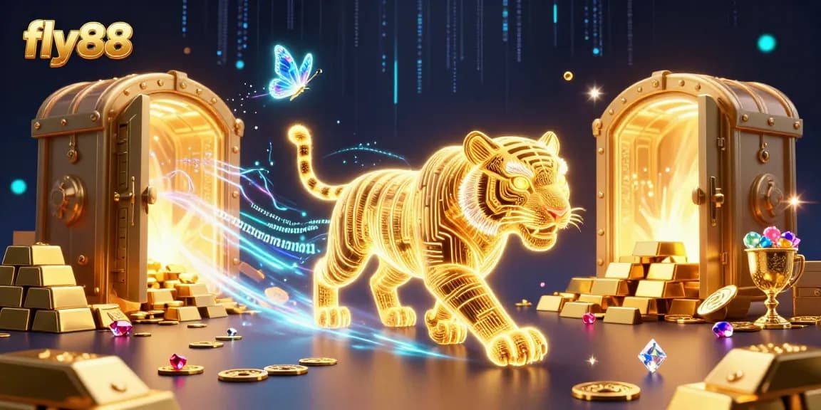Bet on fly88 with dynamic casino elements featuring a glowing golden tiger and treasure vault.
