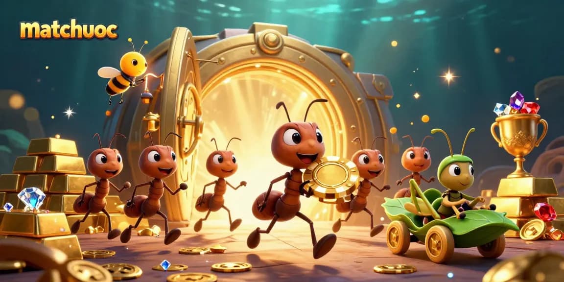 Experience an adventurous matchuoc heist as ants transport a giant poker chip amidst treasures.
