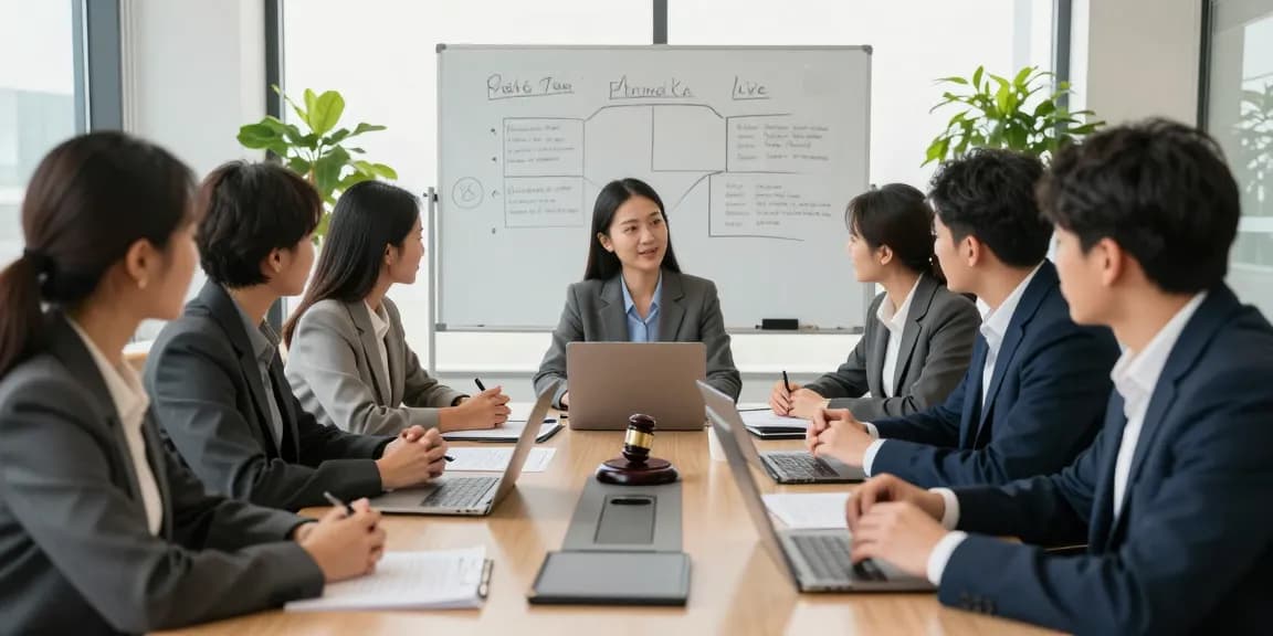Collaborative legal team discussing family law strategies, why not find out more in a modern office.