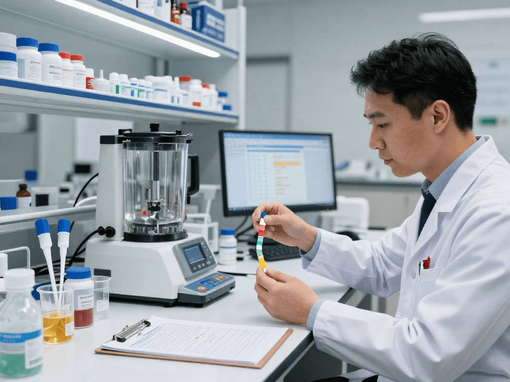 BPC 157 TB 500 Blend being precisely formulated into modern buccal strips in a professional lab setting.