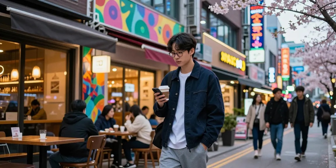 강남 세이렌에서 현대적인 스트리트웨어를 착용한 사람의 모습과 활기찬 도시 풍경