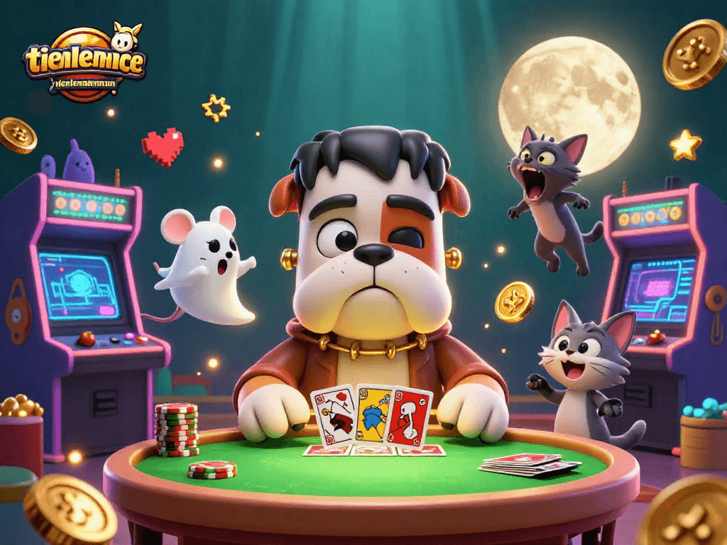 Engage with the thrilling atmosphere of tienlenmiennam as characters play cards in a spooky casino setting.