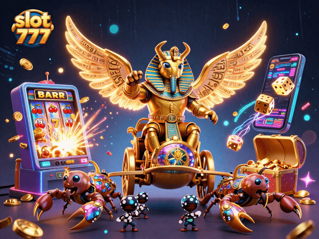 Experience the excitement of slot 777 with a vibrant, multi-character 3D casino illustration.