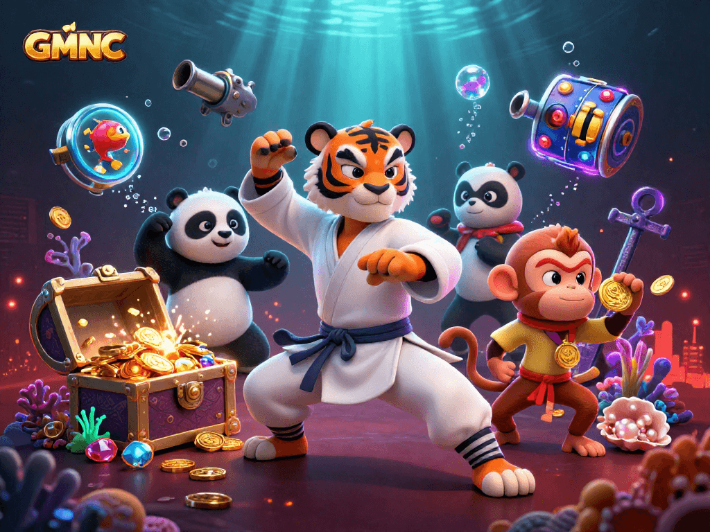Engage with GMNC slots as the kung fu tiger and friends celebrate wins in 3D underwater.