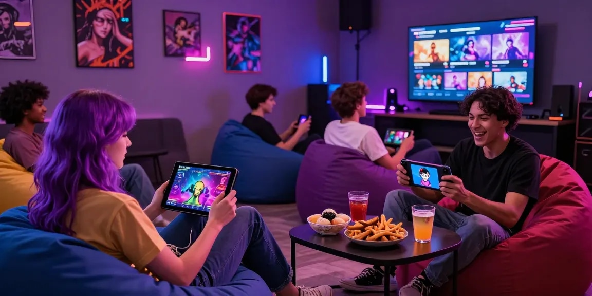 Engaging scene of players enjoying a porn game in a vibrant adult gaming lounge environment.