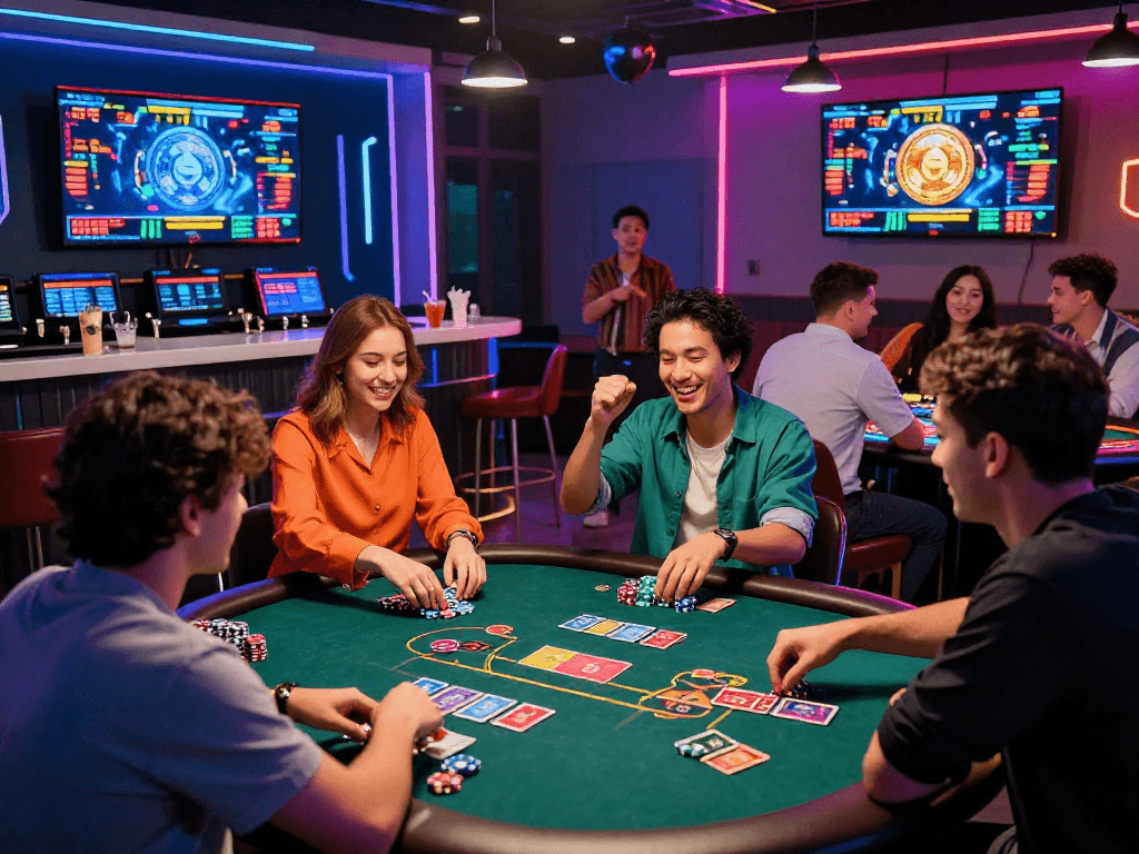 Players enjoying the excitement of a crypto casino with vibrant lights and engaging games.