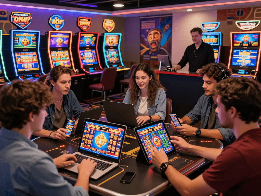 Players engaging in situs888 login at a vibrant online gaming setup, showcasing various gaming devices.