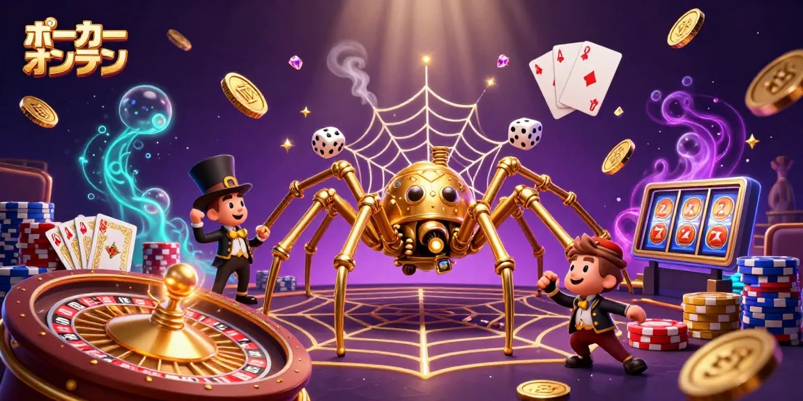 ポーカーオンラインをテーマにしたアニメ風のイラストで、スチームパンクデザインの金色のクモがポーカーチップの網を作っている様子。