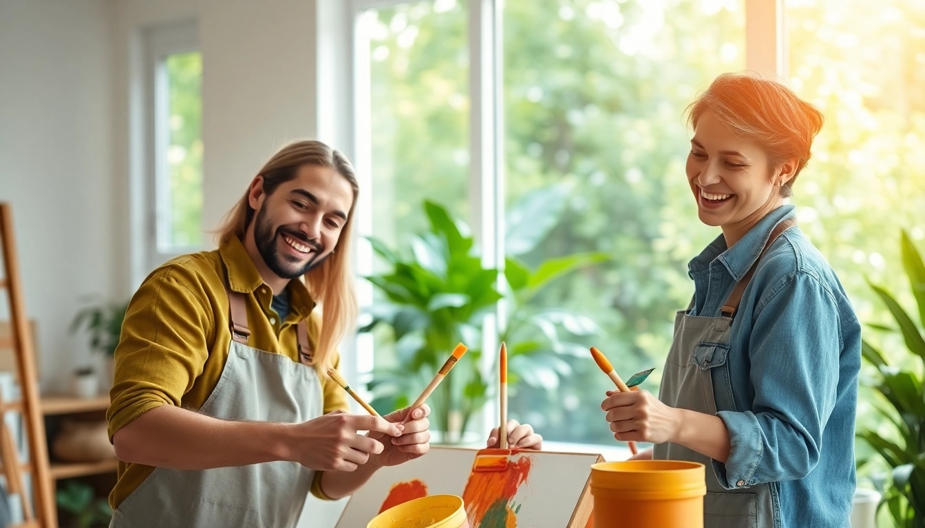 Eco friendly painters applying natural paints in a bright home interior.
